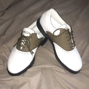 (USED/WORN) TURNTEC MENS SIZE 9 GOLF CLEATS SHOES WHITE BROWN